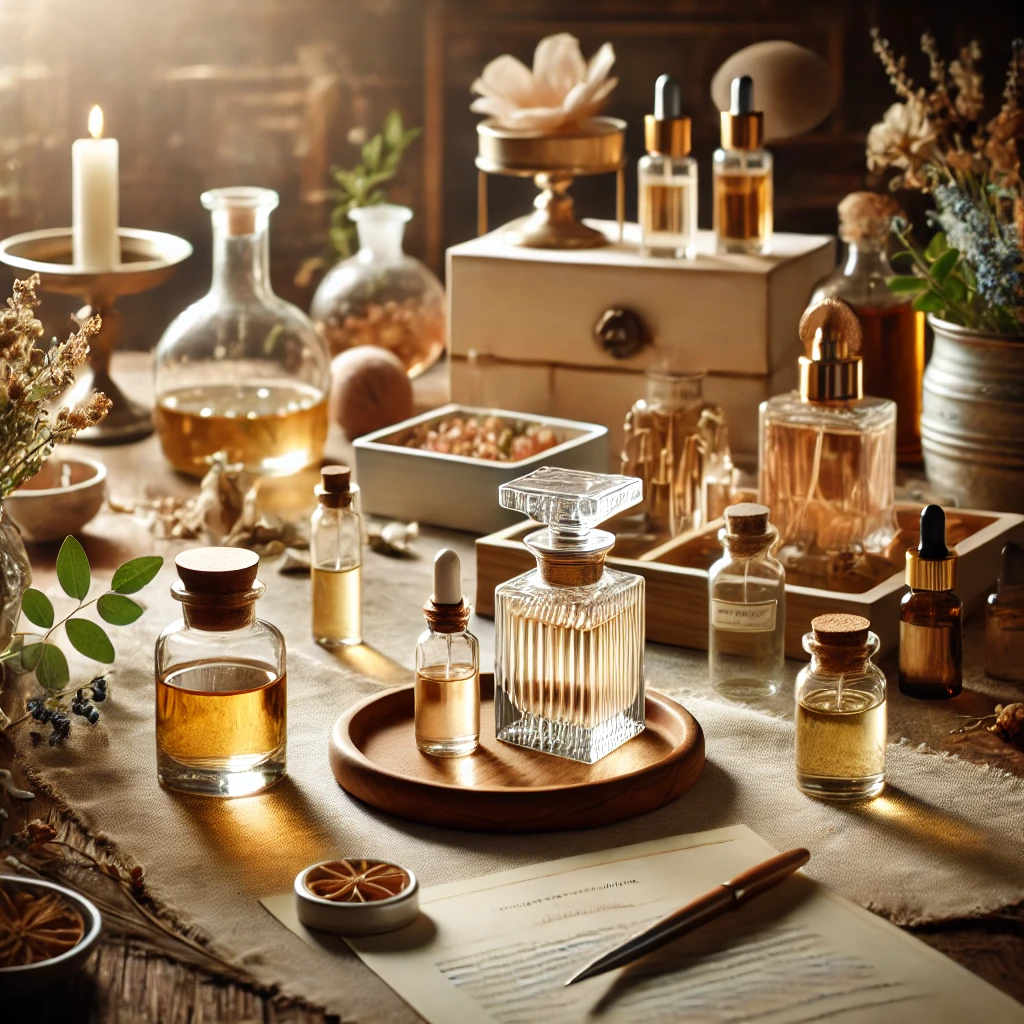 DALL·E 2024-09-24 12.43.53 - A luxury perfume-making kit displayed on a table, featuring small glass perfume bottles, essential oils, a bottle of alcohol, and an instruction bookl